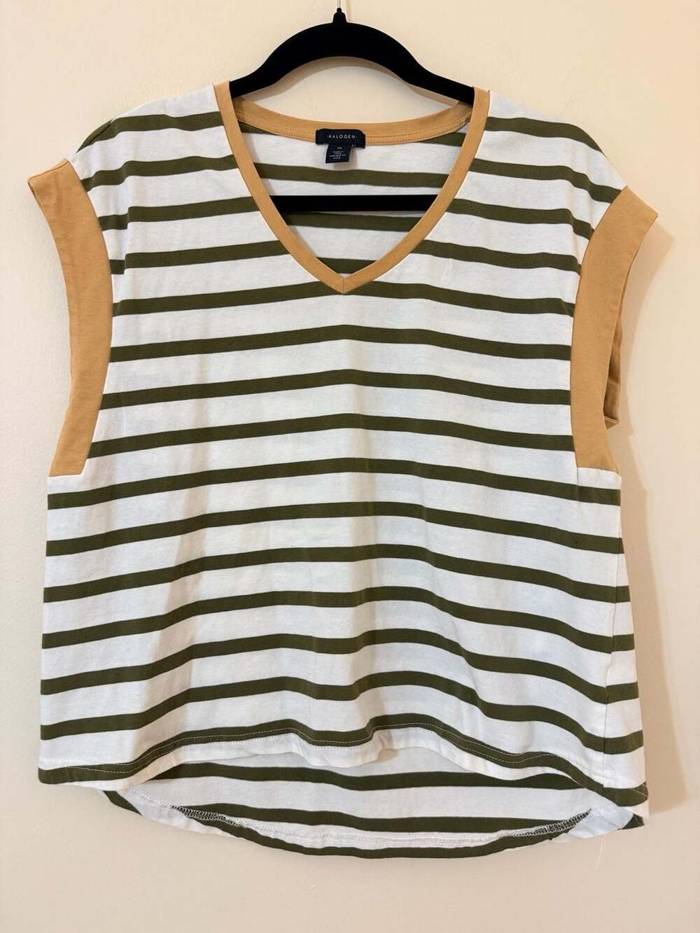 Halogen V-Neck Cap Sleeve Striped Top in Olive and Mustard
